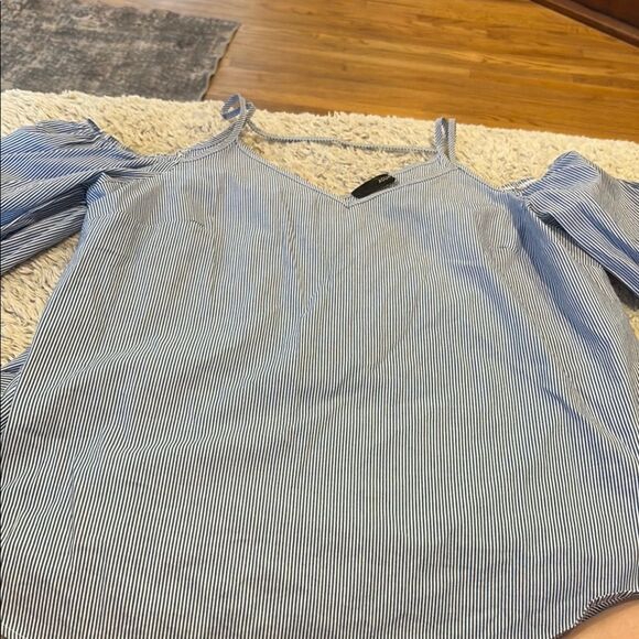 Aqua Blue and White Striped Blouse - Picture 1 of 7